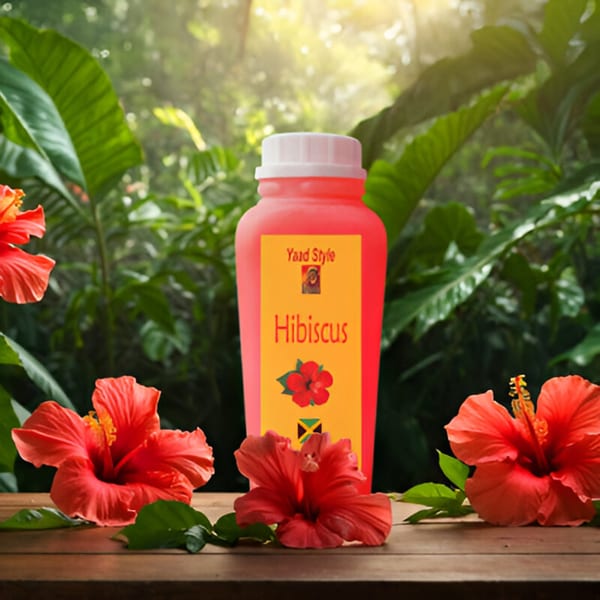 A bottle of Nyam Sum Jamaican Cuisine Hibiscus drink surrounded by red hibiscus flowers on a wooden surface.