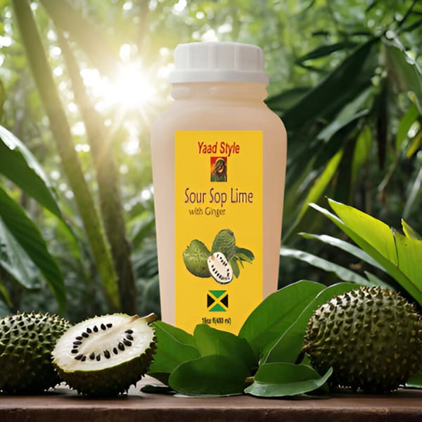 Yaad Style Soursop Lime with Ginger drink bottle, whole and sliced soursop fruit, and leaves.