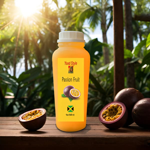 Yard Style Passion Fruit drink bottle with whole and halved passion fruits on a wooden table.