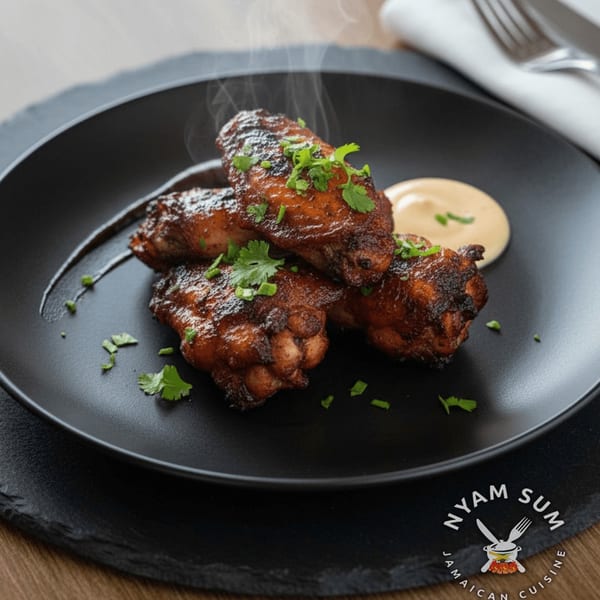 Steaming hot Jamaican jerk chicken wings with cilantro and dipping sauce on a black plate.