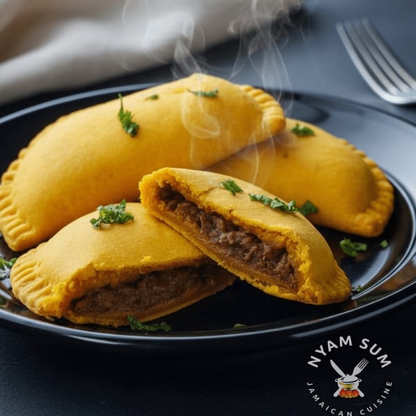Steaming hot Jamaican beef patties, one cut open to show the savory filling, on a black plate.