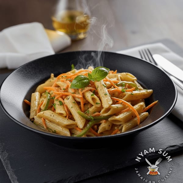 Steaming penne pasta with shredded carrots, green peppers, and a basil leaf in a black bowl.