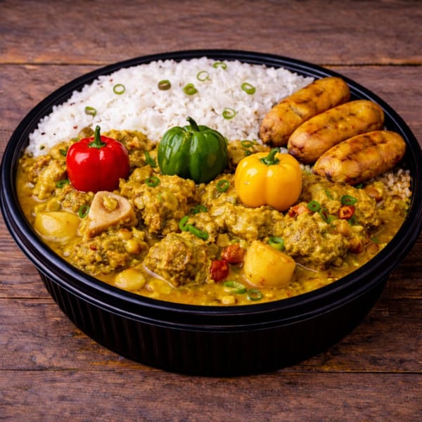 Curry with rice, plantains, bell peppers, and potatoes in a black bowl on a wooden table.
