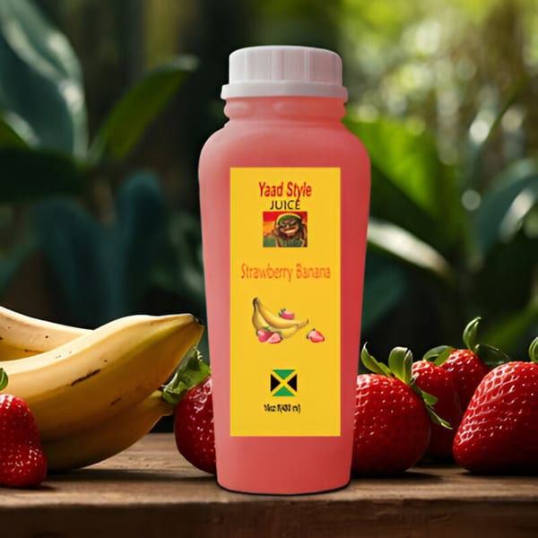 A bottle of Nyam Sum Jamaican strawberry banana juice, surrounded by fresh strawberries and bananas.