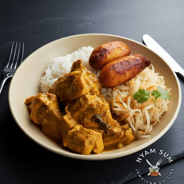 Nyam Sum Jamaican Cuisine's curry chicken with rice, fried plantains, and coleslaw in a bowl.