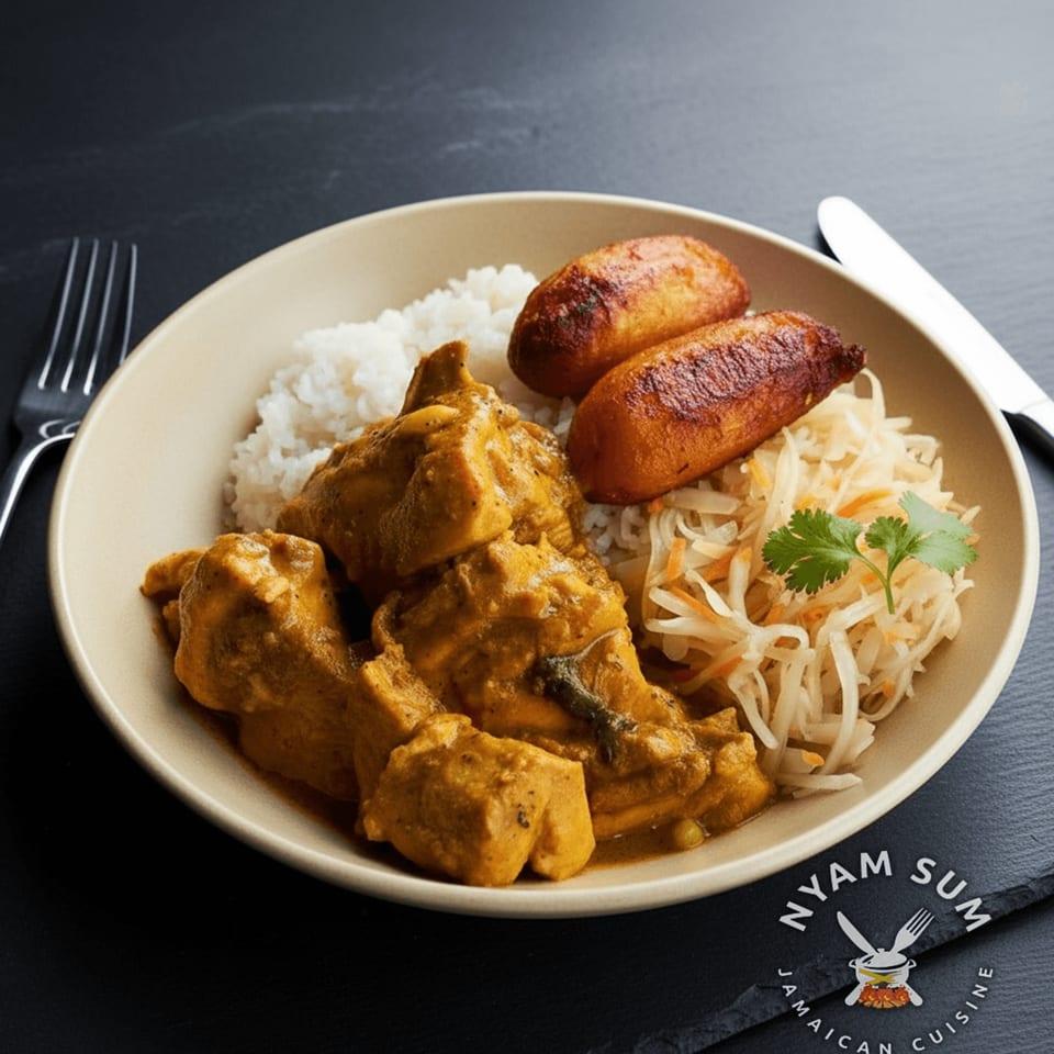 Nyam Sum Jamaican Cuisine's curry chicken with rice, fried plantains, and coleslaw in a bowl.