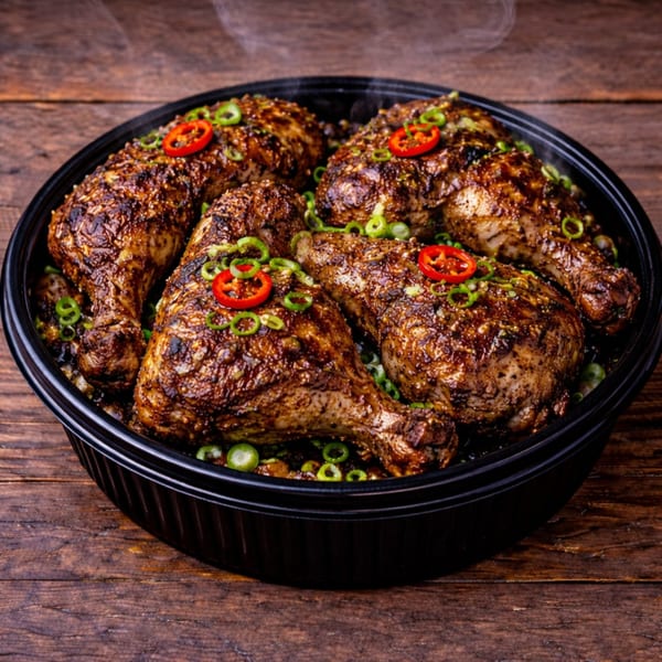 Four steaming jerk chicken drumsticks in a black bowl, garnished with sliced red chilies and green onions.