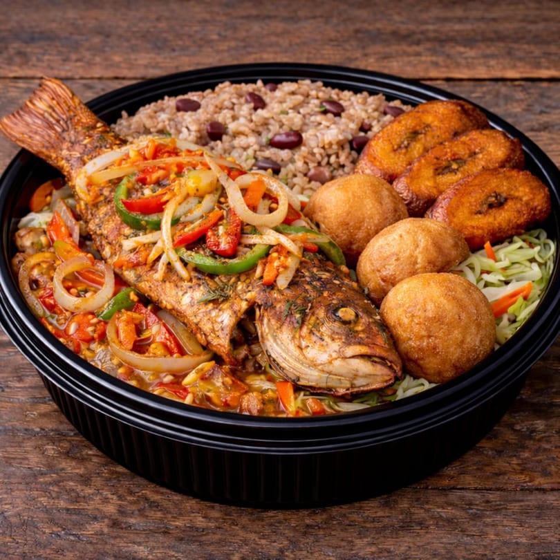 Whole fried fish with peppers and onions, rice and beans, fried plantains, and dumplings.