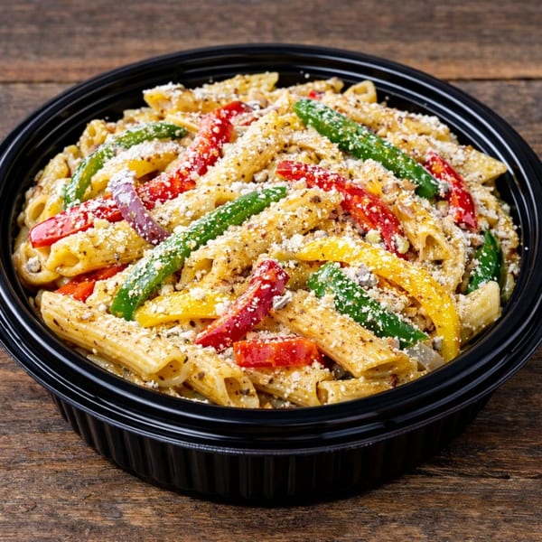 Penne pasta with colorful bell peppers and parmesan cheese in a black bowl on a wooden table.
