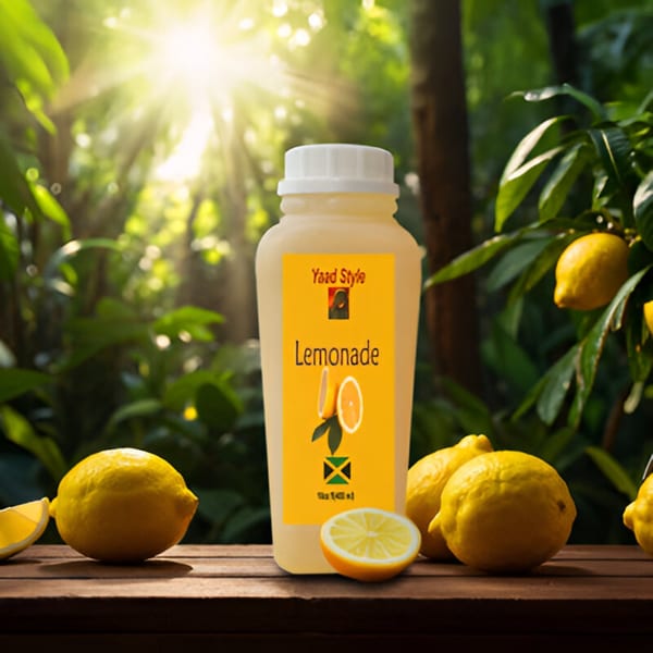 Nyam Sum Jamaican Cuisine's "Yard Style Lemonade" bottle with fresh lemons on a wooden surface.