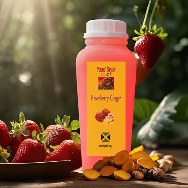 A bottle of Yaad Style Strawberry Ginger juice surrounded by fresh strawberries and ginger on a wooden surface.