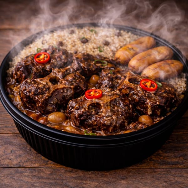 Steaming oxtail stew with rice, beans, and plantains in a black bowl on a wooden table.