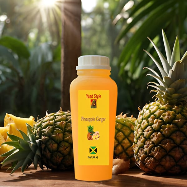 A bottle of Nyam Sum Jamaican pineapple ginger juice surrounded by fresh pineapples and ginger.