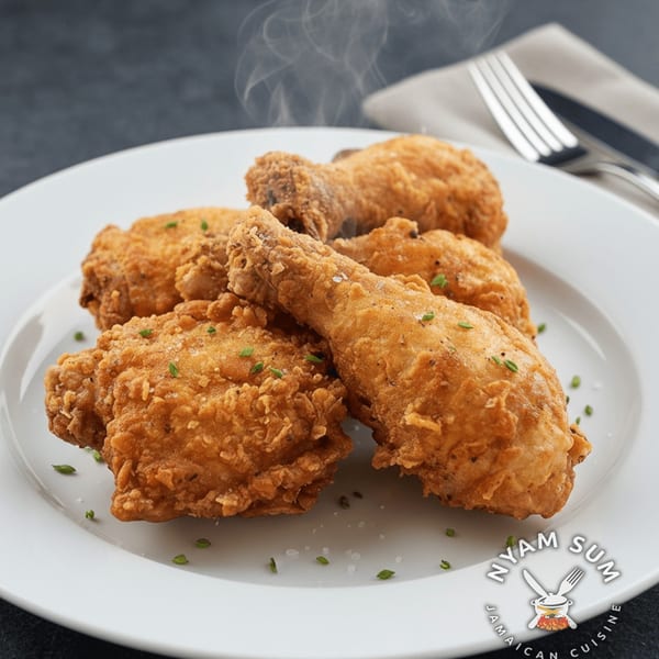 Steaming hot, crispy Jamaican fried chicken pieces on a white plate with a fork and knife.